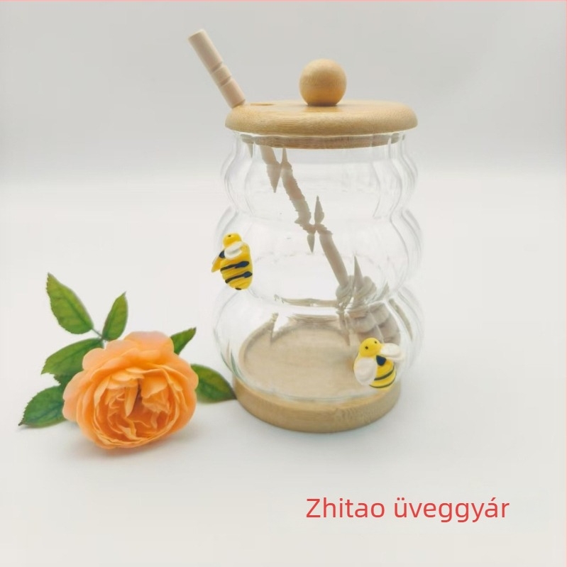 Üveg méz- és lekvárosüveg keverőpálcával és fedővel, boroszilikatból készült, konyhai tároló