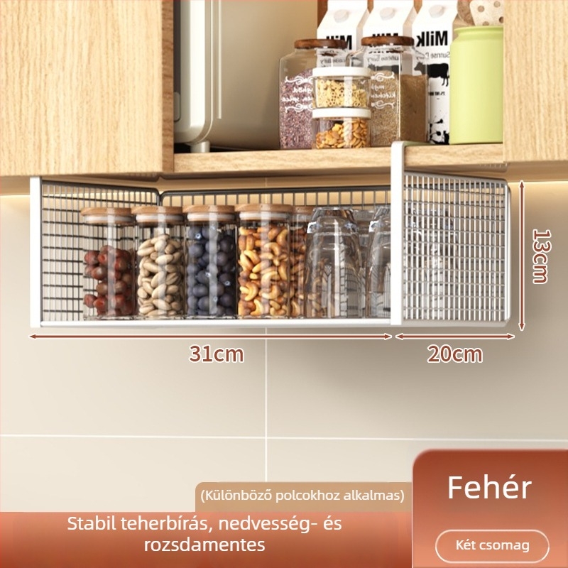 Konyhai szekrények alatti többfunkciós függő tárolópolc, fúrás nélkül, az ajtók alá akasztáshoz