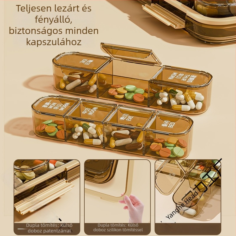 Családi gyógyszeres doboz elkülönített rekeszekkel, gyerekbiztonsági zár, átlátszó fedél, por- és nedvességálló gyógyszer-tároló