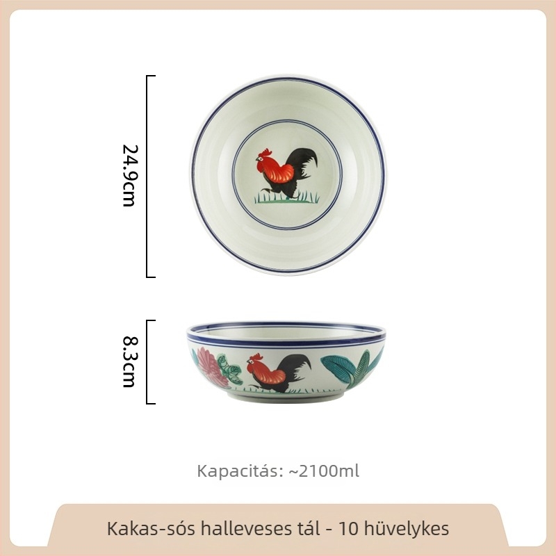 Retro kínai porcelán kakas mintás, nagy kör alakú tál háztartási használatra; ideális halászléhez savanyú káposztával és rákhúsos ételekhez