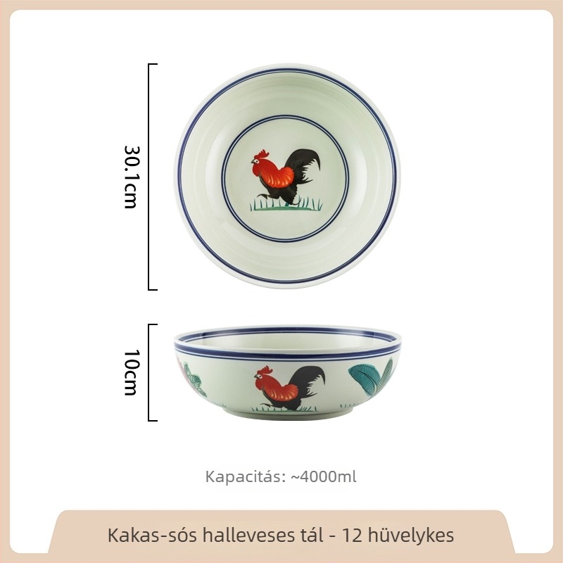Retro kínai porcelán kakas mintás, nagy kör alakú tál háztartási használatra; ideális halászléhez savanyú káposztával és rákhúsos ételekhez