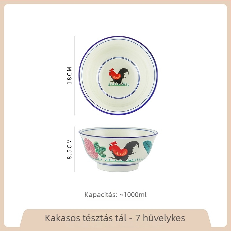 Retro kínai porcelán kakas mintás, nagy kör alakú tál háztartási használatra; ideális halászléhez savanyú káposztával és rákhúsos ételekhez