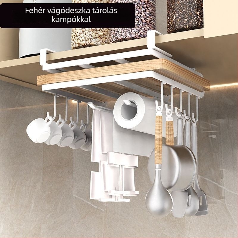 Szekrény alatti falra szerelt vágódeszka- és fedőtartó, konyhai multifunkcionális tároló, fúrás nélküli telepítés