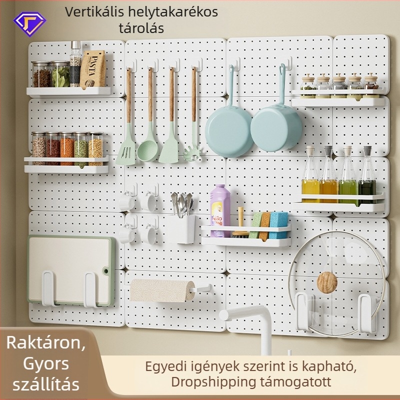 Fúrás nélkül szerelhető lyukacsos pegboard otthonra, kollégiumba, fürdőszobába és a konyhába; falra szerelhető tárolópolc