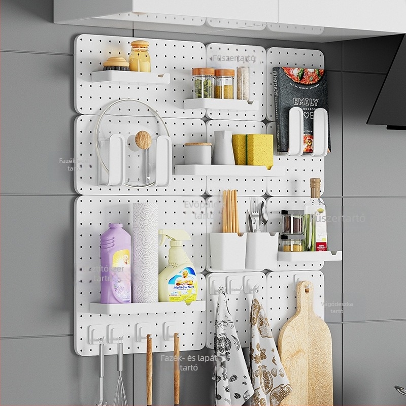 Fúrás nélkül szerelhető lyukacsos pegboard otthonra, kollégiumba, fürdőszobába és a konyhába; falra szerelhető tárolópolc