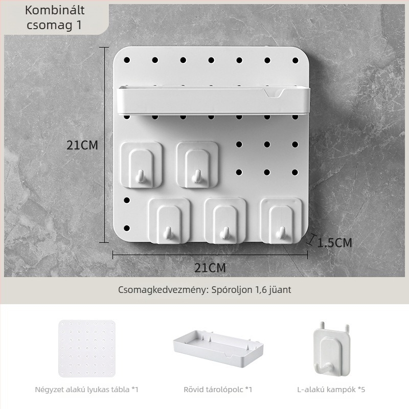 Fúrás nélkül szerelhető lyukacsos pegboard otthonra, kollégiumba, fürdőszobába és a konyhába; falra szerelhető tárolópolc