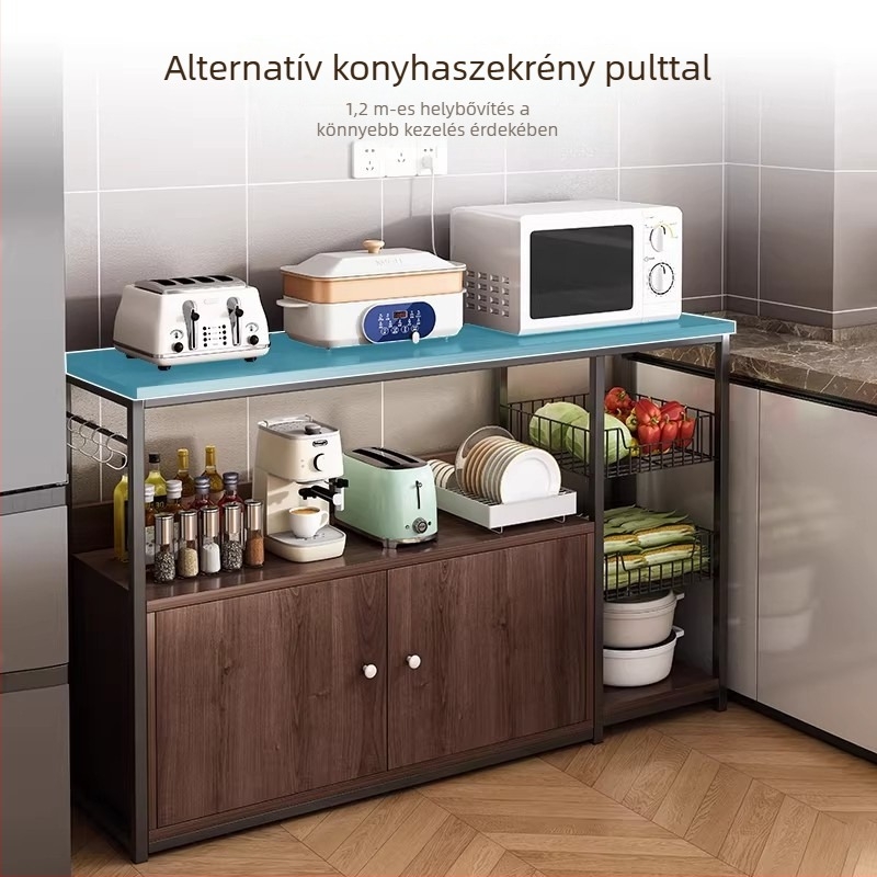Konyhai multifunkcionális tárolóállvány, 3‑rétegű padlóálló és falra szerelhető mikró- és edények tárolója