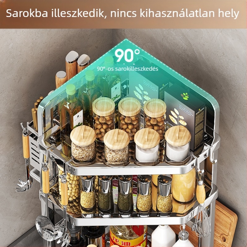 Rozsdamentes acélból készült konyhai tároló, többszintes sarokasztal háromlábú, fűszerekhez, evőpálcika tartó
