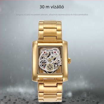 BESTWIN férfi skeletkaróra, téglalap alakú számlap 35 mm, 30 m vízálló, rozsdamentes acél szíj, kvarc mozgás Dr. Tong