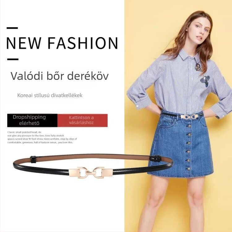 Két rétegű valódi bőrből készült női öv – fekete vagy fehér, vékony dekoratív öv négyszögletes csattal, állítható