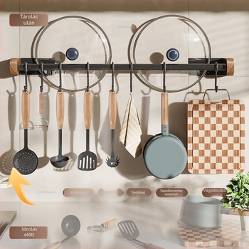 Diófa konyhai falra szerelhető polc, fúrás nélküli kampóval és spatula-tartóval