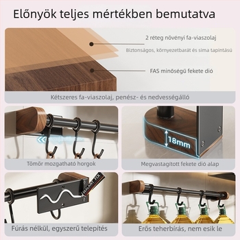 Diófa konyhai falra szerelhető polc, fúrás nélküli kampóval és spatula-tartóval