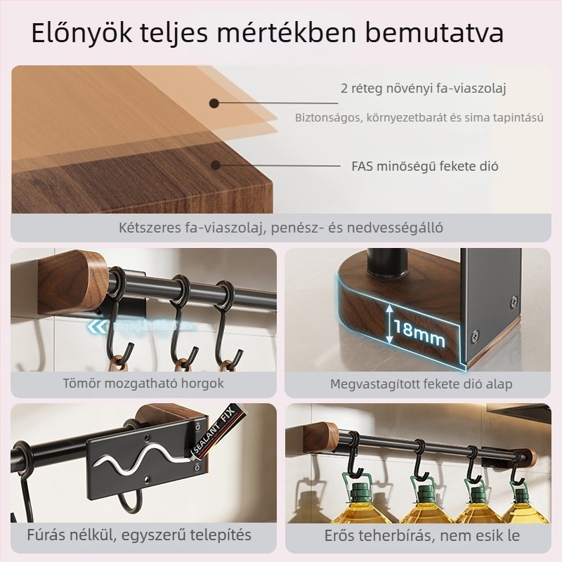 Diófa konyhai falra szerelhető polc, fúrás nélküli kampóval és spatula-tartóval