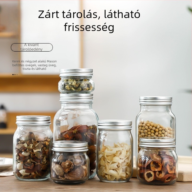 Átlátszó üveg tároló edény zárható fedéllel, kör alakú, magas fedéllel, 301–500 ml kapacitás, északi stílus, mézhez, lekvárhoz és chili szószhoz.