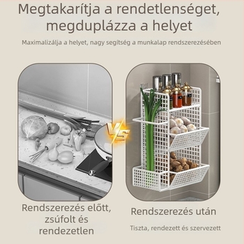 Konyhai falra szerelhető tároló rács hagyma, gyömbér és fokhagyma számára, fúrás nélkül, többszintes tároló kosár