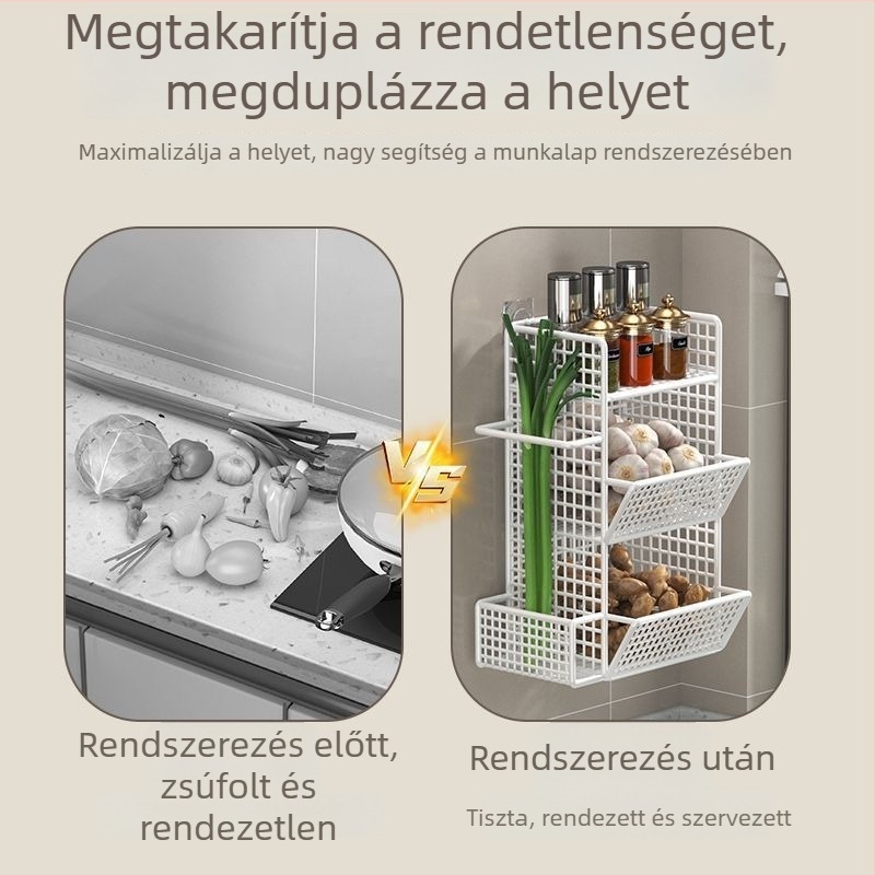 Konyhai falra szerelhető tároló rács hagyma, gyömbér és fokhagyma számára, fúrás nélkül, többszintes tároló kosár