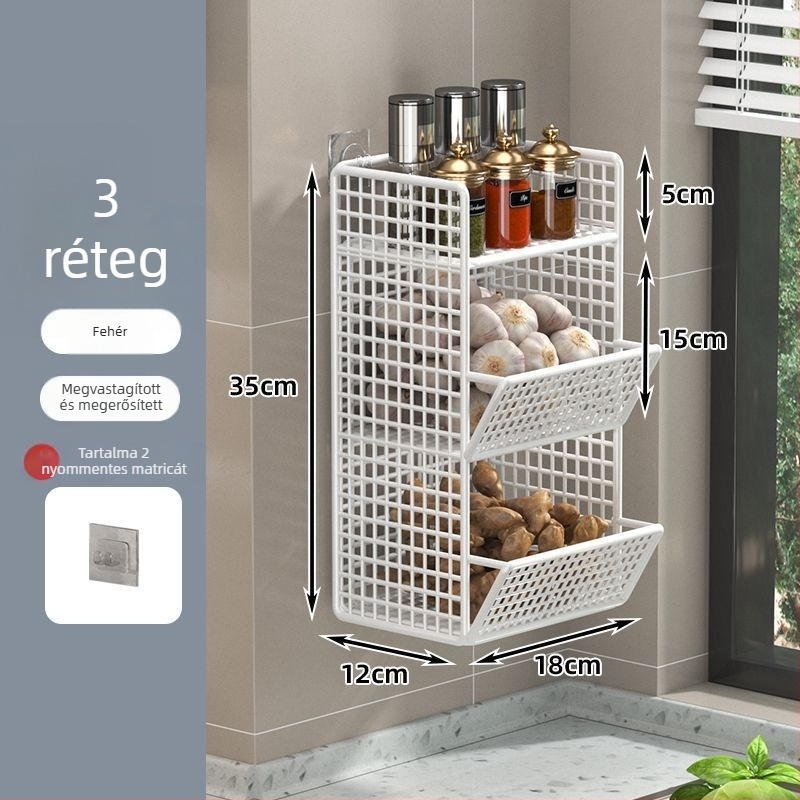 Konyhai falra szerelhető tároló rács hagyma, gyömbér és fokhagyma számára, fúrás nélkül, többszintes tároló kosár