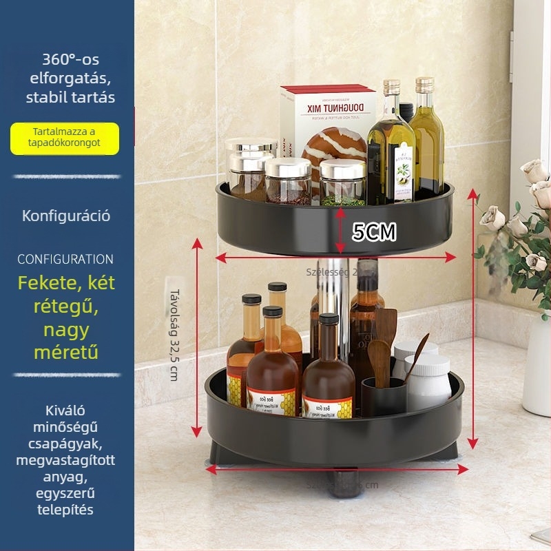 Konyhai 360°-os forgó fűszertartó, 3 rétegű asztali tároló olajnak, sóra, szószra és ecet számára