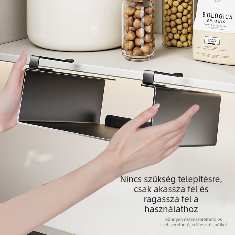 Konyhai szervező, felakasztható, fólia és papírtörlő tárolására, több szintes, modern dizájnú szénacélból