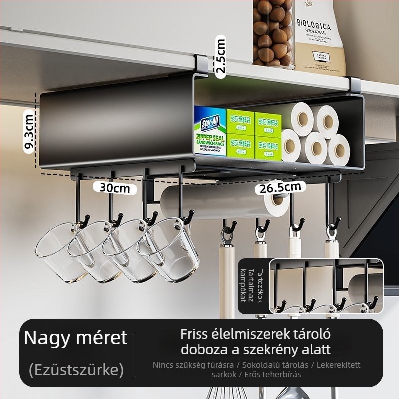 Konyhai szervező, felakasztható, fólia és papírtörlő tárolására, több szintes, modern dizájnú szénacélból