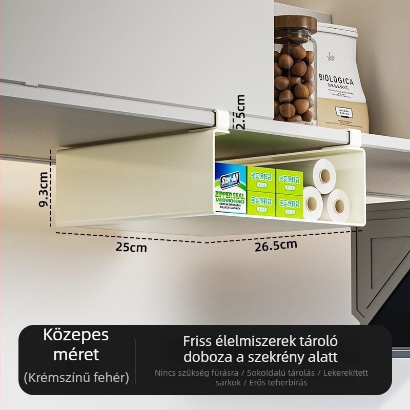 Konyhai szervező, felakasztható, fólia és papírtörlő tárolására, több szintes, modern dizájnú szénacélból
