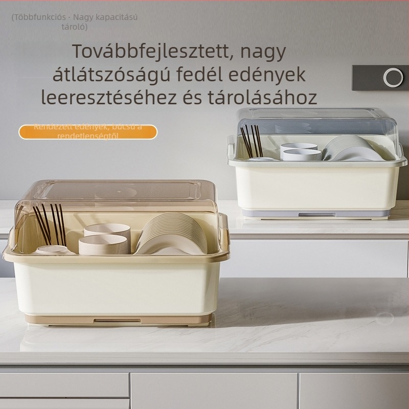 Műanyag lefolyó tároló edényekhez és evőeszközökhöz, fedéllel – konyhai szervező