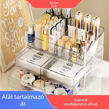 Átlátszó akril kozmetikai tároló asztalra, fiókos, nagy kapacitású, porálló