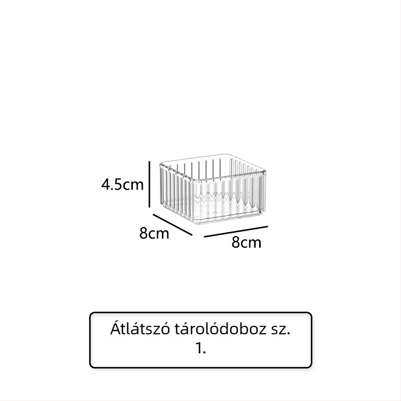 Egymásra rakható, átlátszó akril kozmetikai tároló doboz, fiókkal és beépített polccal sminkasztalhoz, bőrápolási termékekhez és parfümhöz.