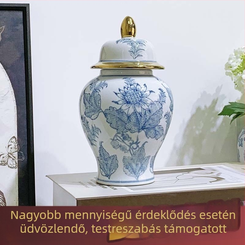 Kék-fehér kínai stílusú kerámia váza nappaliba, tárolóedény és hidroponikus virágdísz tartó