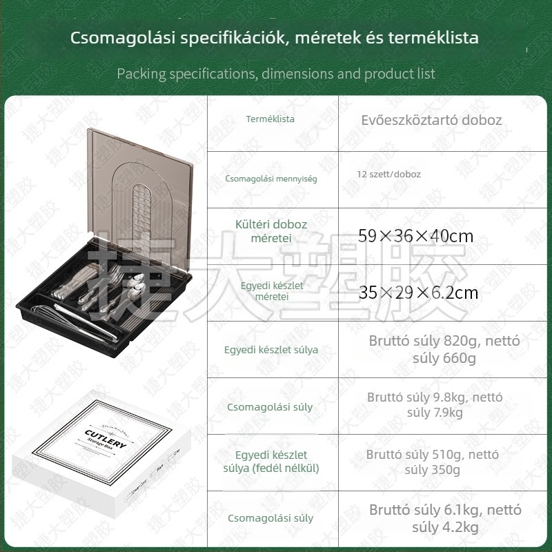 Fedeles evőeszköztároló doboz rekeszekkel, fiókos rendező konyhához vagy asztalhoz, porálló, 2 L, 33 × 28,5 × 5 cm, PP+PET