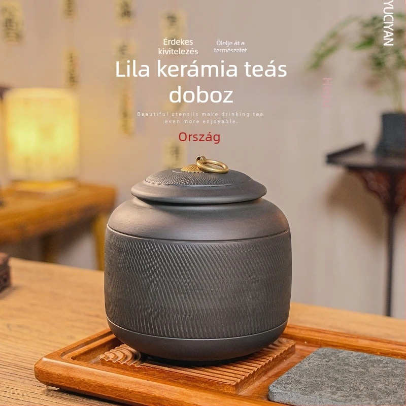 Lezárt kerámi teás tároló lila agyagból Pu'er tea tárolására, nedvességálló, letisztult modern dizájn, elérhető nagy, közepes és kicsi méretben