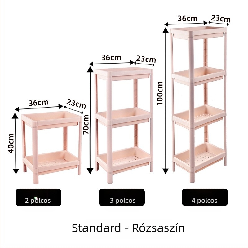Négy szintes műanyag tároló állvány kerekekkel – szabadon álló kivitel, konyhába, nappaliba, hálószobába és fürdőszobába.
