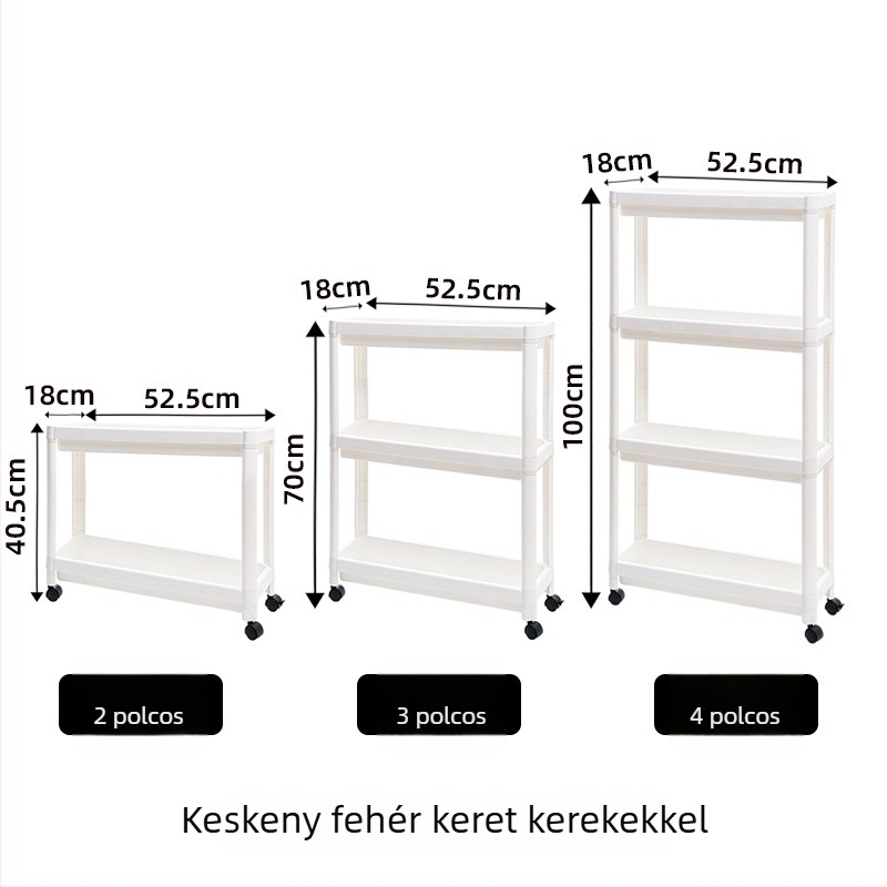 Négy szintes műanyag tároló állvány kerekekkel – szabadon álló kivitel, konyhába, nappaliba, hálószobába és fürdőszobába.