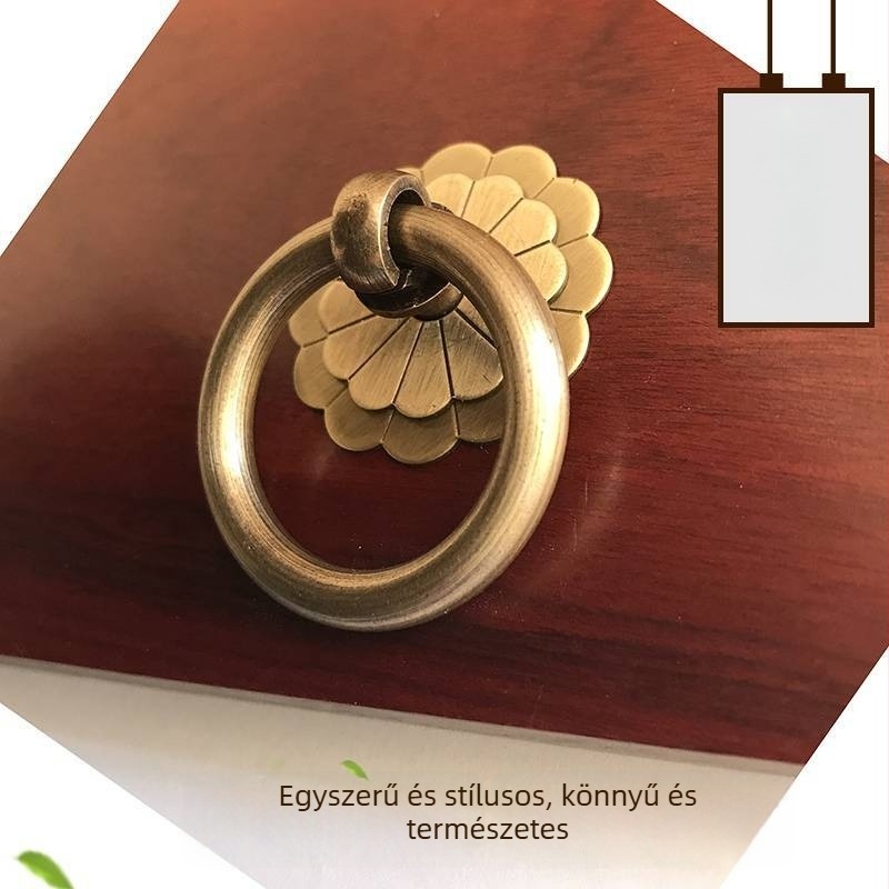 Kínai stílusú, antik, tiszta rézből készült húzógyűrűs fogantyú szekrényhez és fiókokhoz, egylyukú