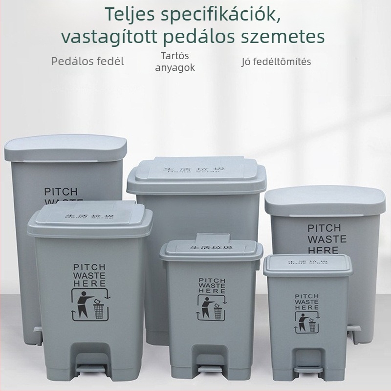 Szürke műanyag pedálos szemetes otthonra és az irodába, hengeres alakú, 12 L vagy nagyobb.