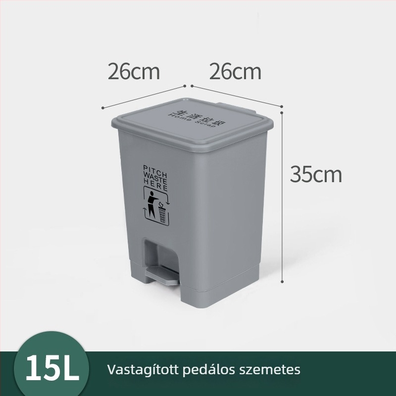 Szürke műanyag pedálos szemetes otthonra és az irodába, hengeres alakú, 12 L vagy nagyobb.