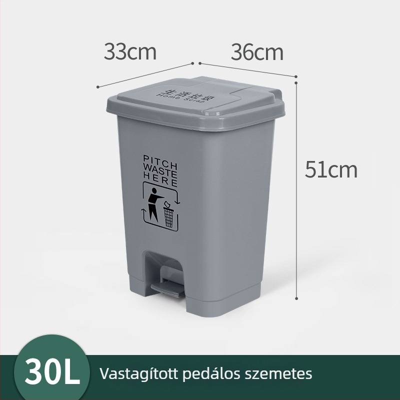 Szürke műanyag pedálos szemetes otthonra és az irodába, hengeres alakú, 12 L vagy nagyobb.