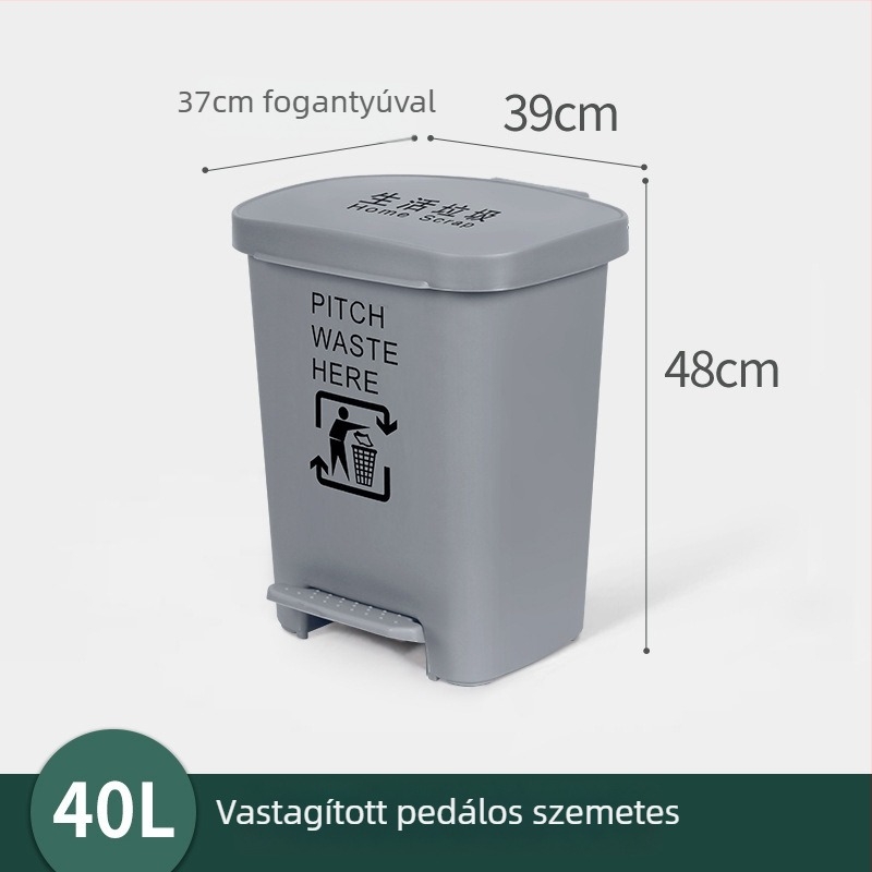 Szürke műanyag pedálos szemetes otthonra és az irodába, hengeres alakú, 12 L vagy nagyobb.