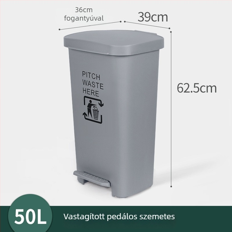 Szürke műanyag pedálos szemetes otthonra és az irodába, hengeres alakú, 12 L vagy nagyobb.