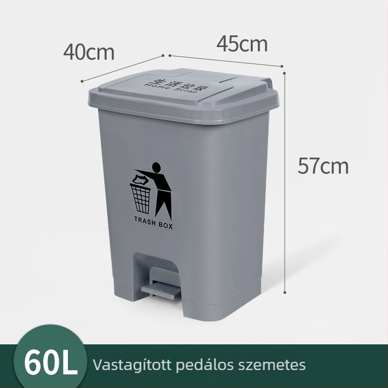 Szürke műanyag pedálos szemetes otthonra és az irodába, hengeres alakú, 12 L vagy nagyobb.
