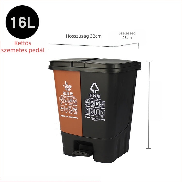 Műanyag lábpedálos, kétrekeszes szelektív kuka fedéllel, otthoni/konyhai használatra, nagy kapacitású, 20/30 l