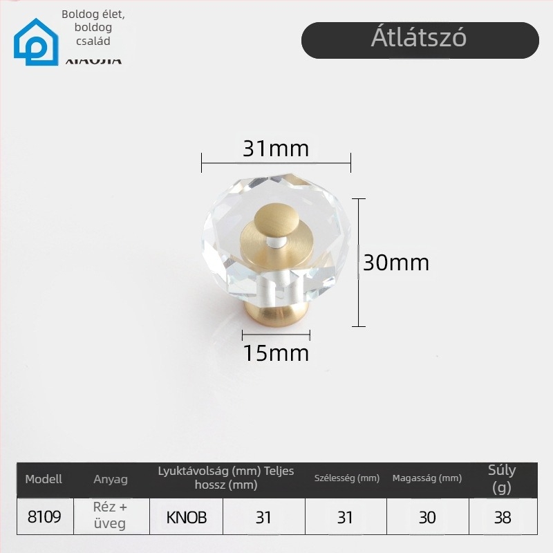 Xiaojia kristályüveg fogantyú szekrényajtókhoz és fiókokhoz, egy nyílású, modern minimalist stílus