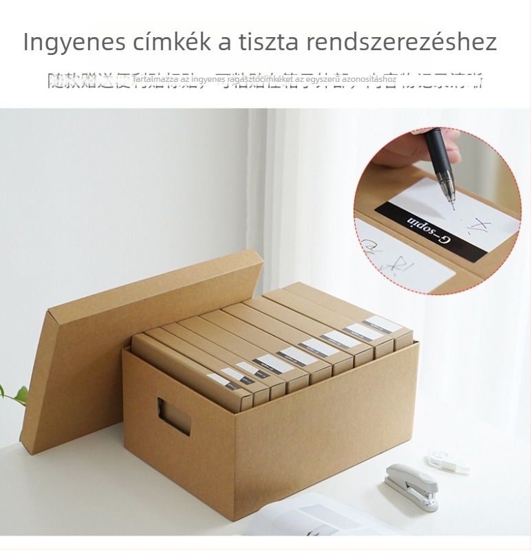 Összecsukható tároló doboz fedéllel, hullámos kartonból, 80L, porálló; dokumentumok, könyvek, játékok, uzsonnák és ruhák tárolására; modern, minimalistikus kialakítás; otthon, dolgozószoba és iroda számára.