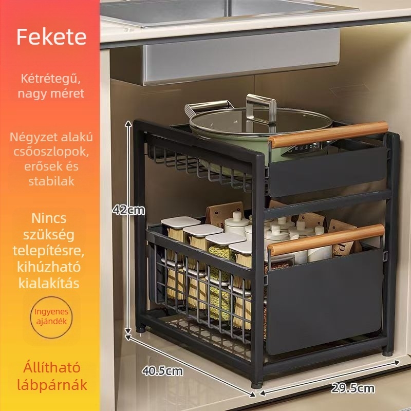 Kihúzható szekrény-tároló a mosogató alatti részhez — rétegzett, fiókos kialakítású