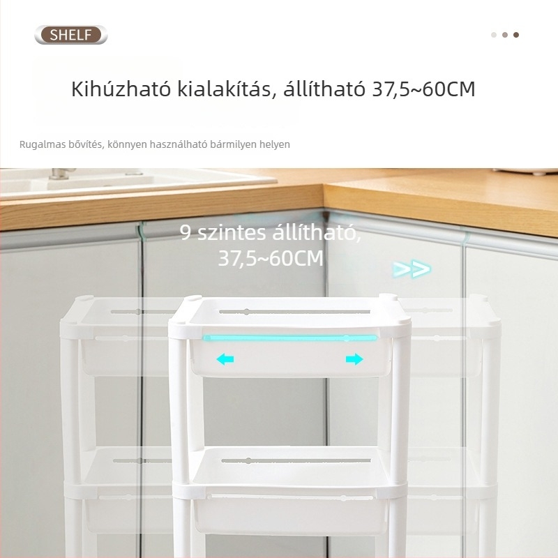 Kihúzható, görgős tárolóállvány kis helyiségekhez, padlón álló konyha- és fürdőszobai használatra, többszintes perforált tárolórendszer harapnivalókhoz