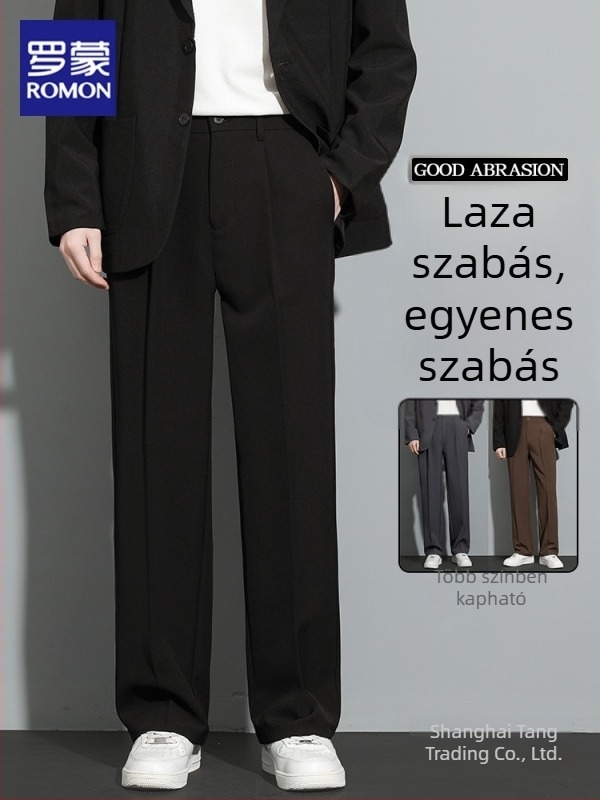 Romon fekete férfi öltönynadrág, őszi kollekció, lazán szabott egyenes szárú, mindennapi prémium nadrág