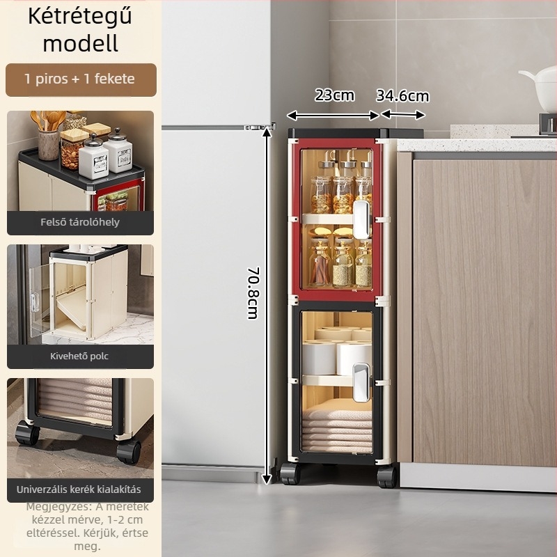 Keskeny rekeszekkel ellátott konyhai padlóállvány tároló, több rétegű, görgőkkel, modern nappalihoz