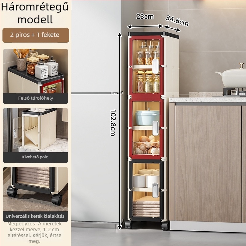 Keskeny rekeszekkel ellátott konyhai padlóállvány tároló, több rétegű, görgőkkel, modern nappalihoz