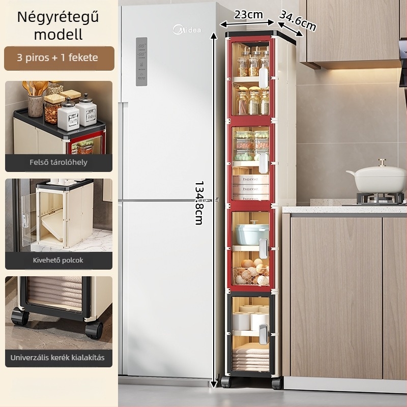 Keskeny rekeszekkel ellátott konyhai padlóállvány tároló, több rétegű, görgőkkel, modern nappalihoz