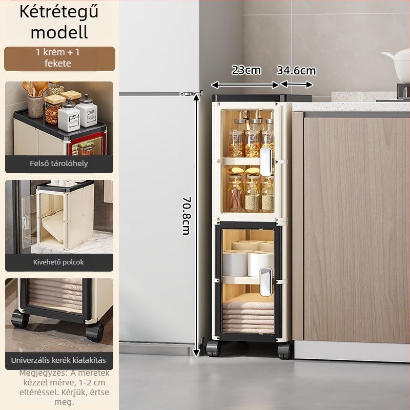 Keskeny rekeszekkel ellátott konyhai padlóállvány tároló, több rétegű, görgőkkel, modern nappalihoz